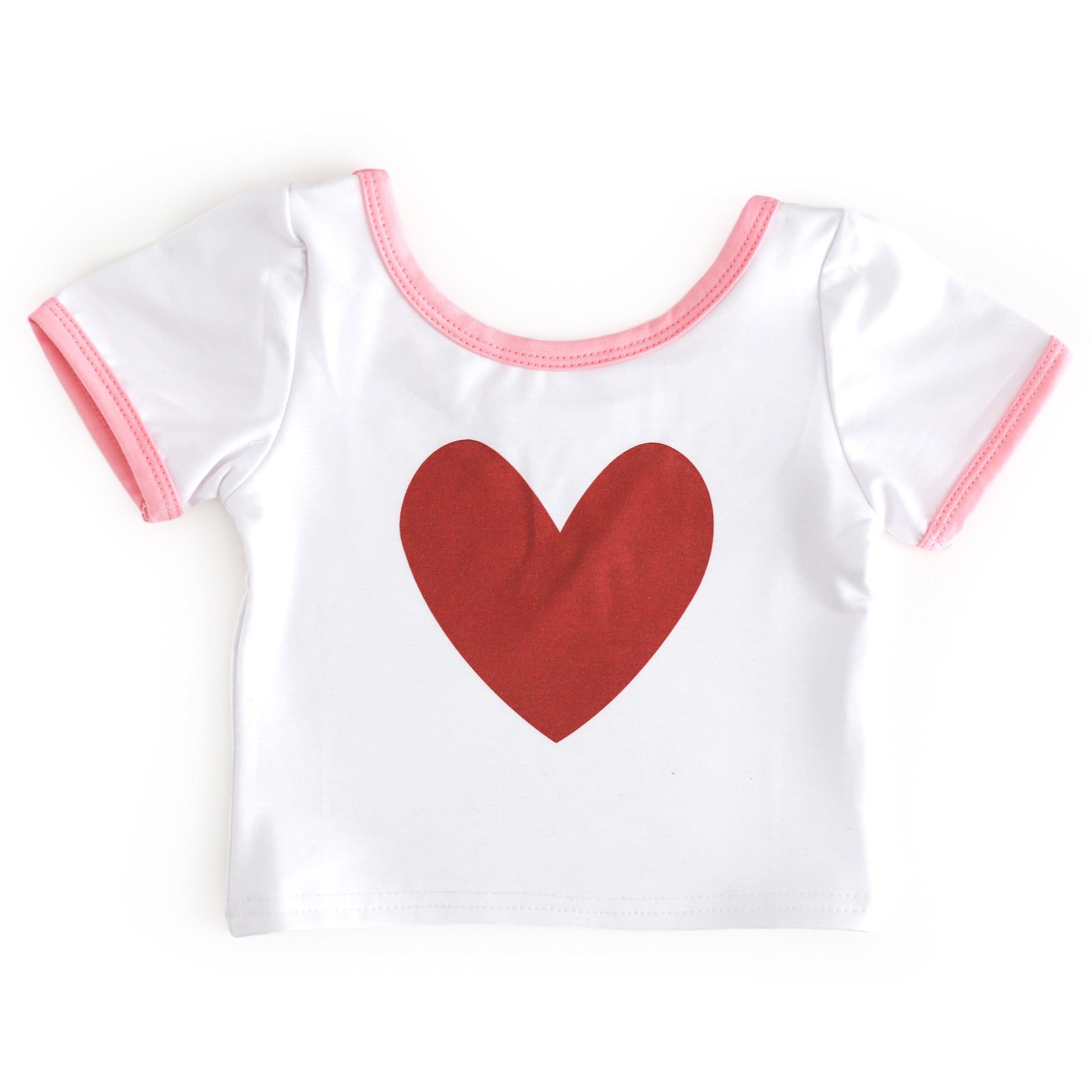 girls white fitted bamboo top with pink trim and red heart design for Valentine's Day mix and match