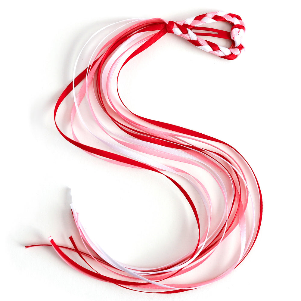 girls' valentine's heart shaped barrette wrapped in braided ribbons in pink, red and white and long tail ribbon streamer 