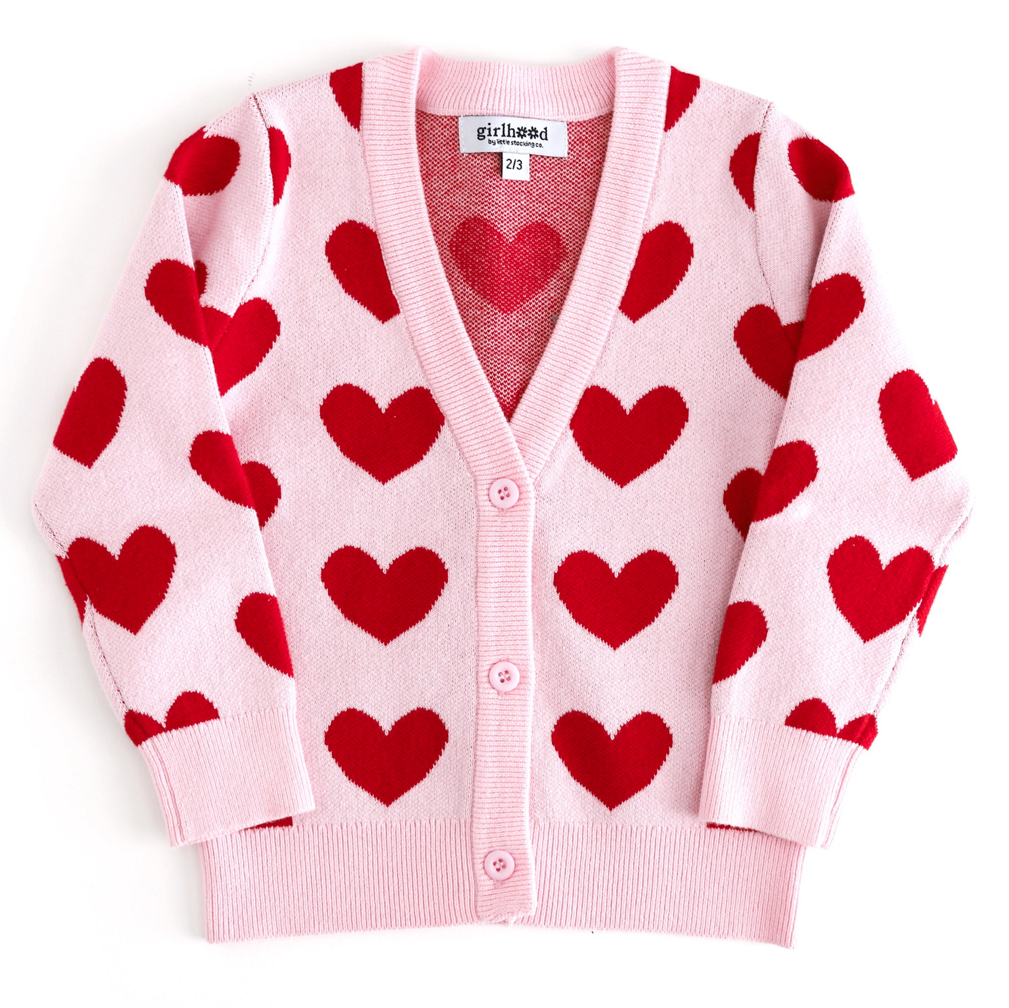 light pink cotton knit, V-neck cardigan with red heart pattern and buttons down the front for girl and women