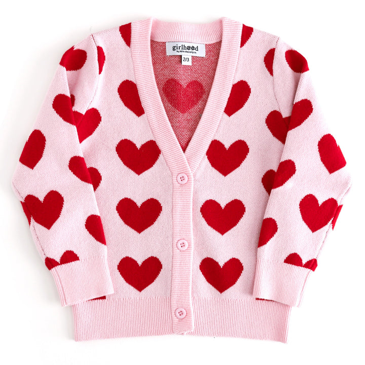 light pink cotton knit, V-neck cardigan with red heart pattern and buttons down the front for girl and women
