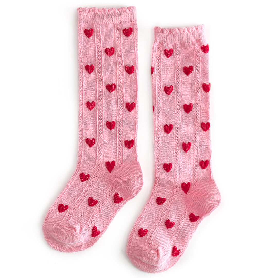 girls' pink knee socks with scallop trim and red embroidered heart design to match Valentine's Collection