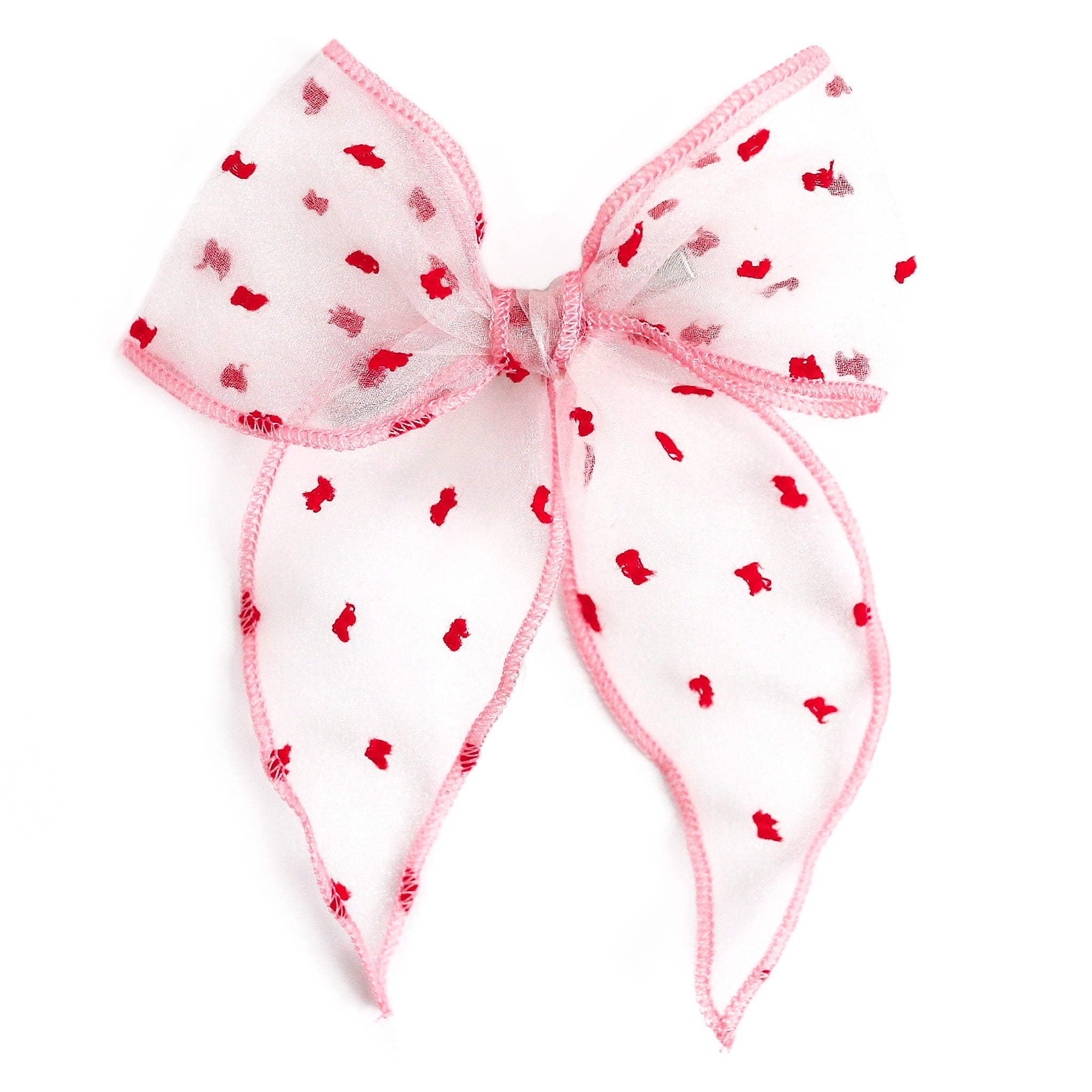 girls sheer bow on alligator clip with red dots and pink trim to match Valentine's Day collection