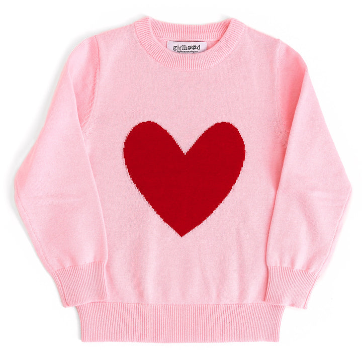 girls pink cotton knit sweater with bright red heart design