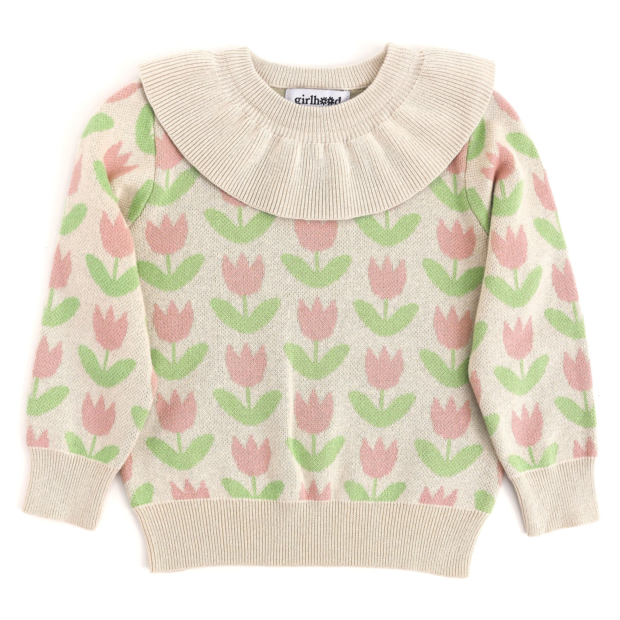 vanilla base pink tulip pattern pullover sweater for little girls