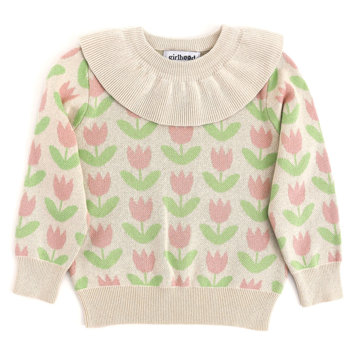 vanilla base pink tulip pattern pullover sweater for little girls