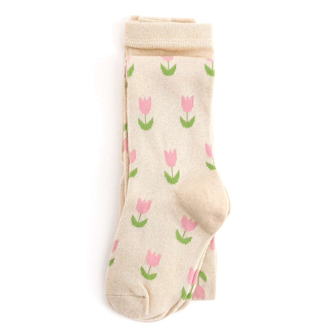 vanilla knit tights with pink tulip design for babies, toddlers and girls