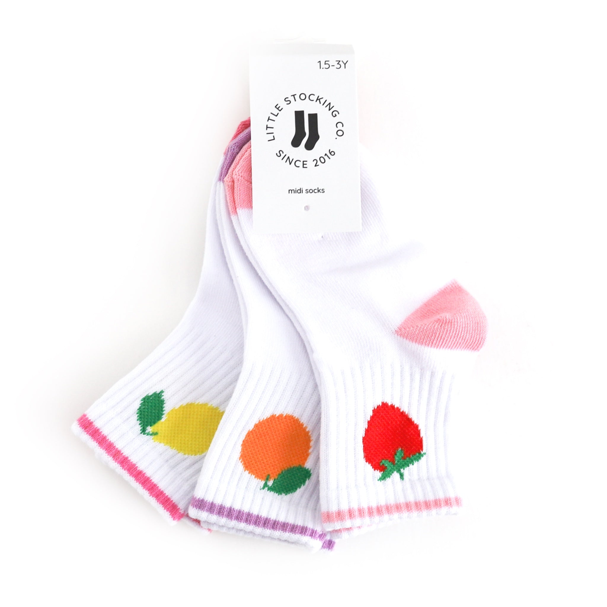 three pack of fruit themed crew socks with strawberry, lemon and orange designs
