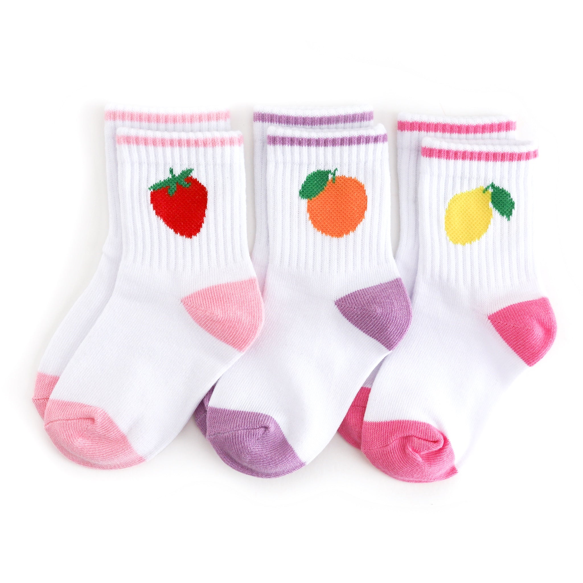 girls' white crew socks with strawberry, orange and lemon designs at the ankle and pink and purple accents