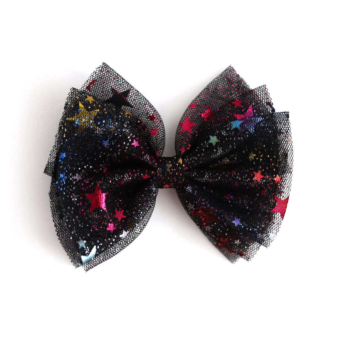 girls tutu hairbow in black tulle with rainbow metallic stars
