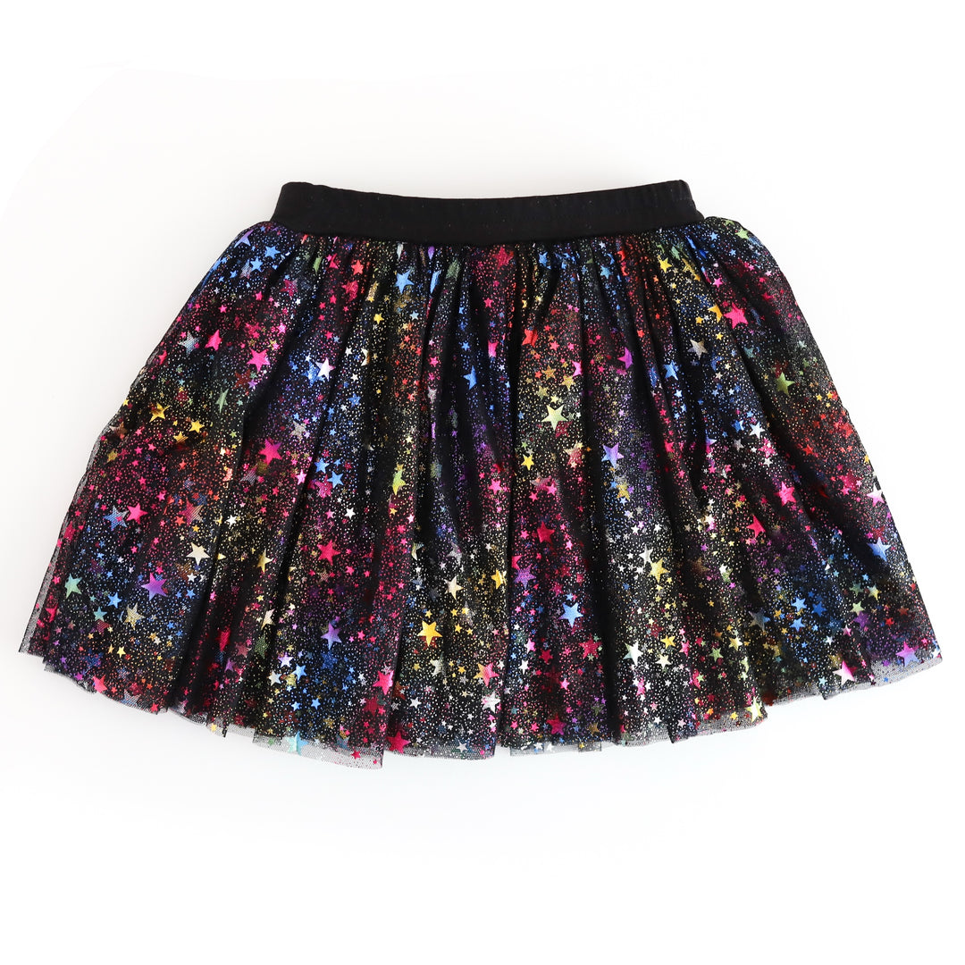 girls tutu skort in black tulle and rainbow metallic stars