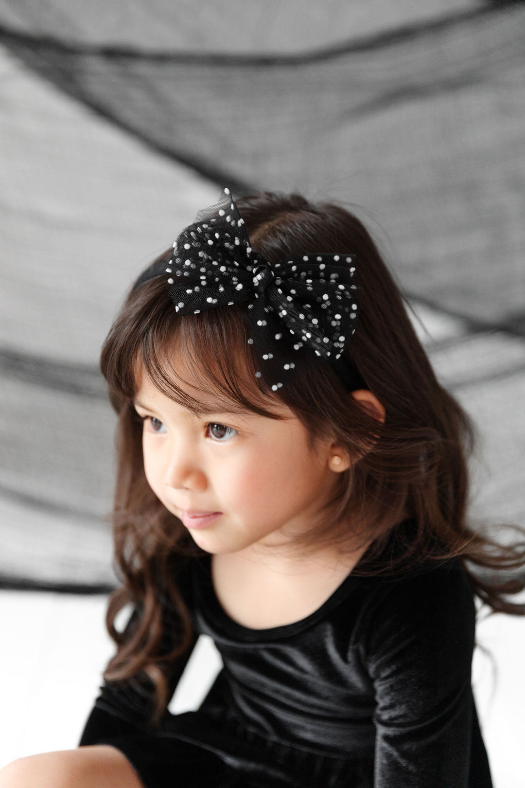 girls fluffy tulle headband black with white dots