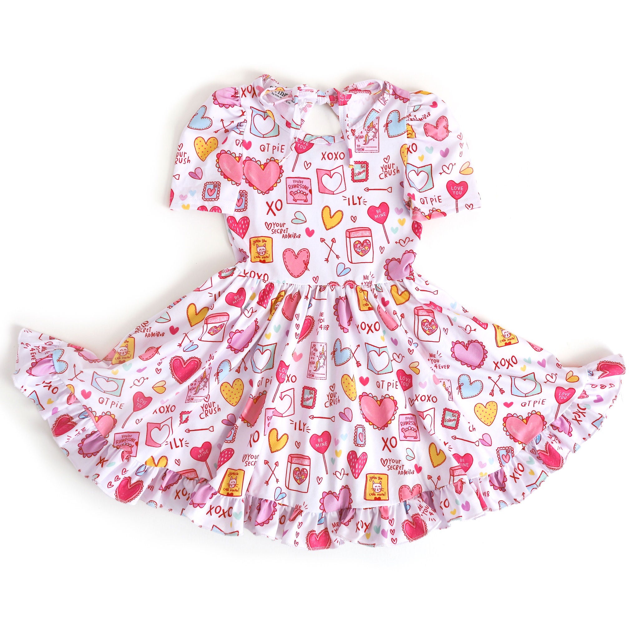 girls twirl dress with pastel Valentine's Day cards and treats print on white