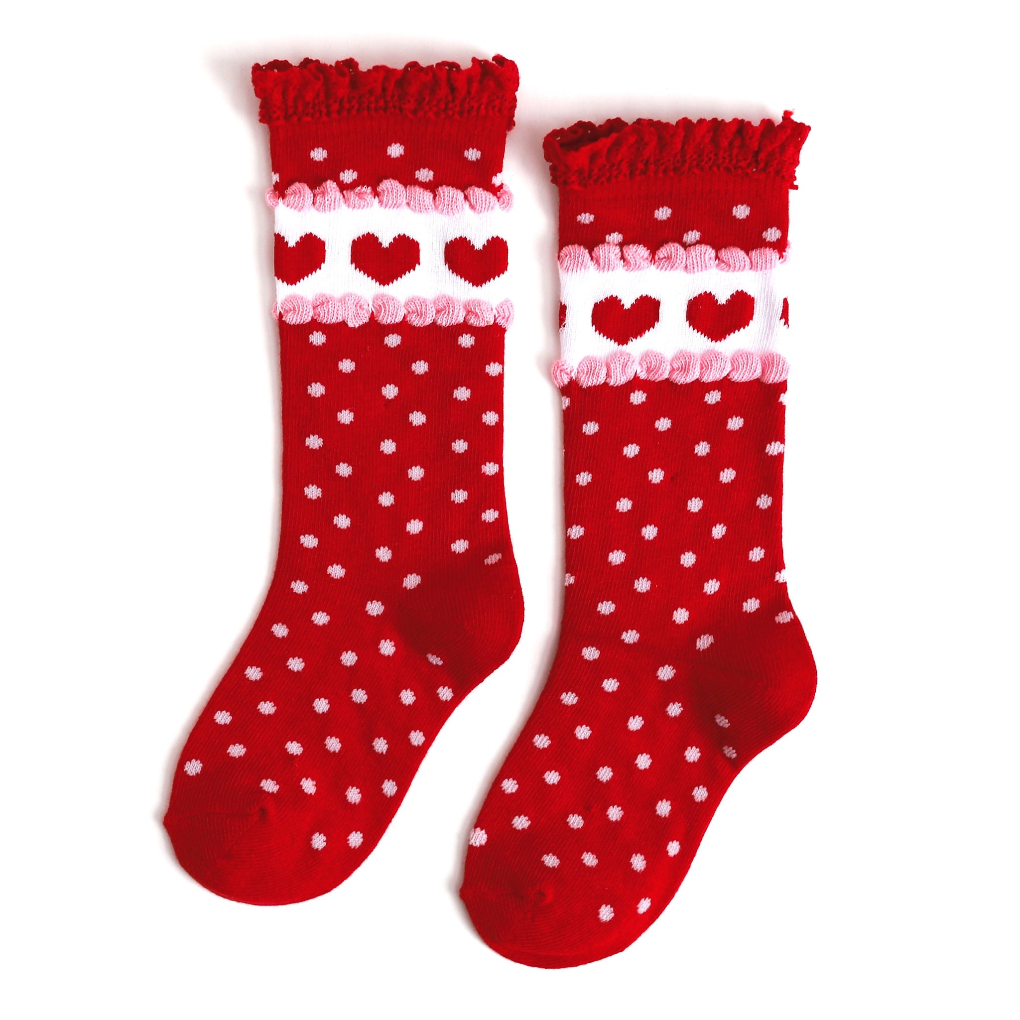 girls red lace top knee high socks with polka dots and hearts to match Valentine's Day looks