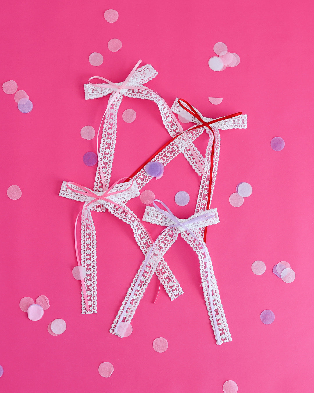 girls long tail white lace hair bows with ribbon bow accents in shades to match valentines collection