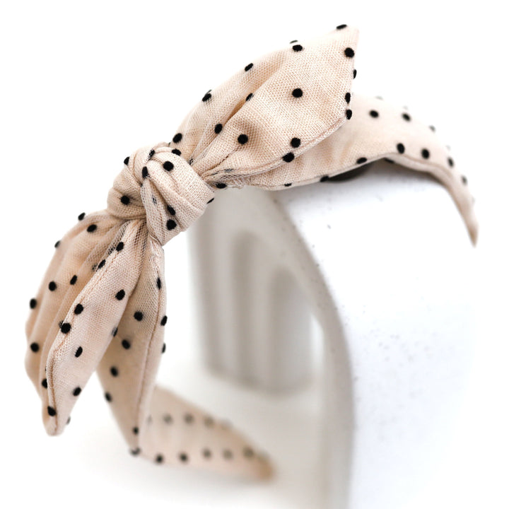 girl cream hairbow with sheer overlay and black velvet dots