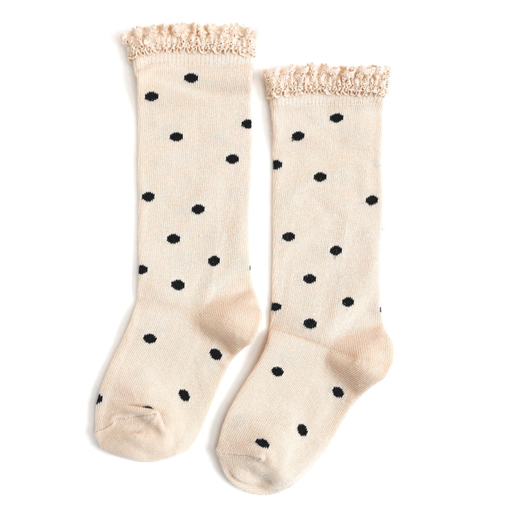 girls vanilla and black dot lace trim knee high socks