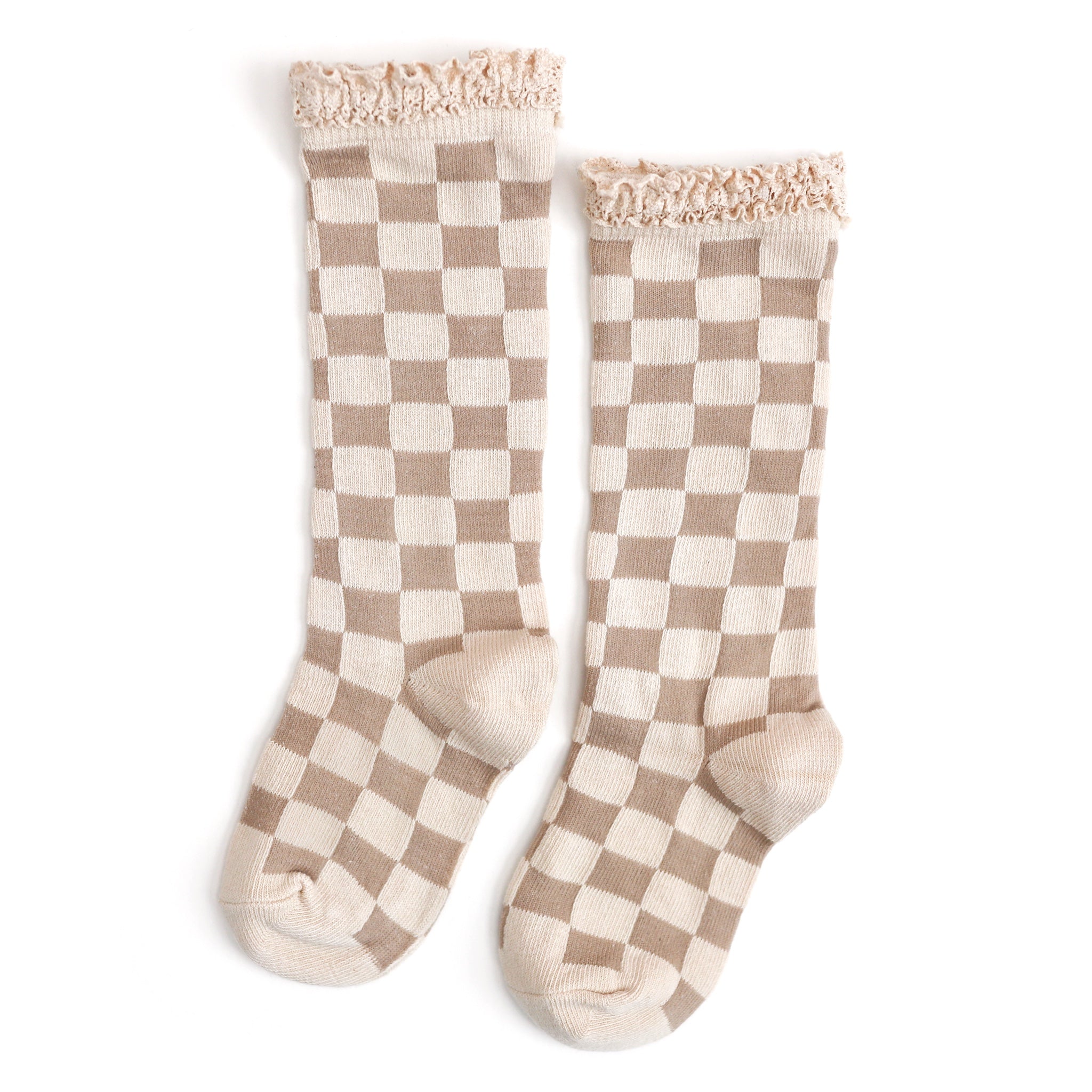 girls' vanilla tan checkered lace top knee high socks