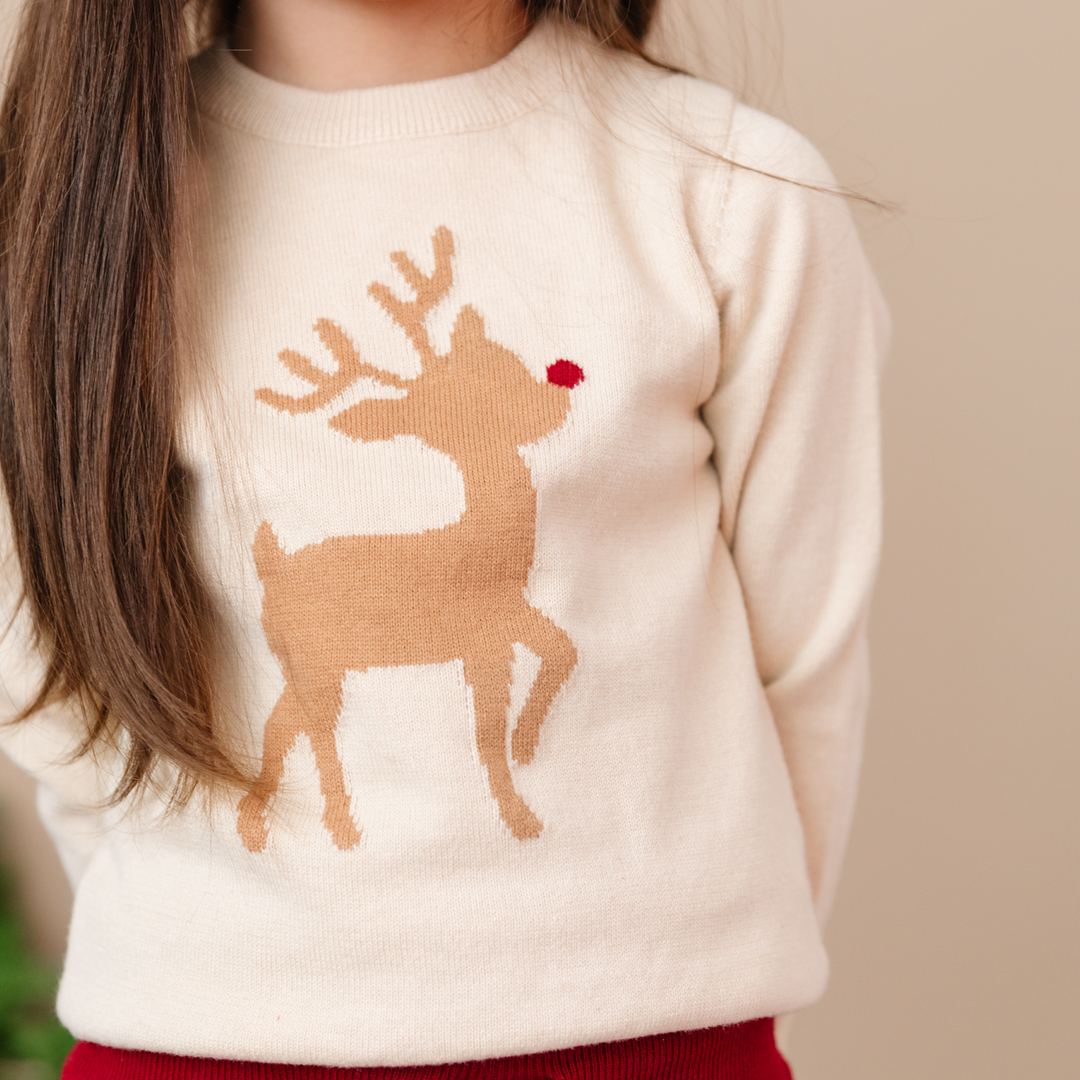 vanilla pullover sweater with tan reindeer with red nose