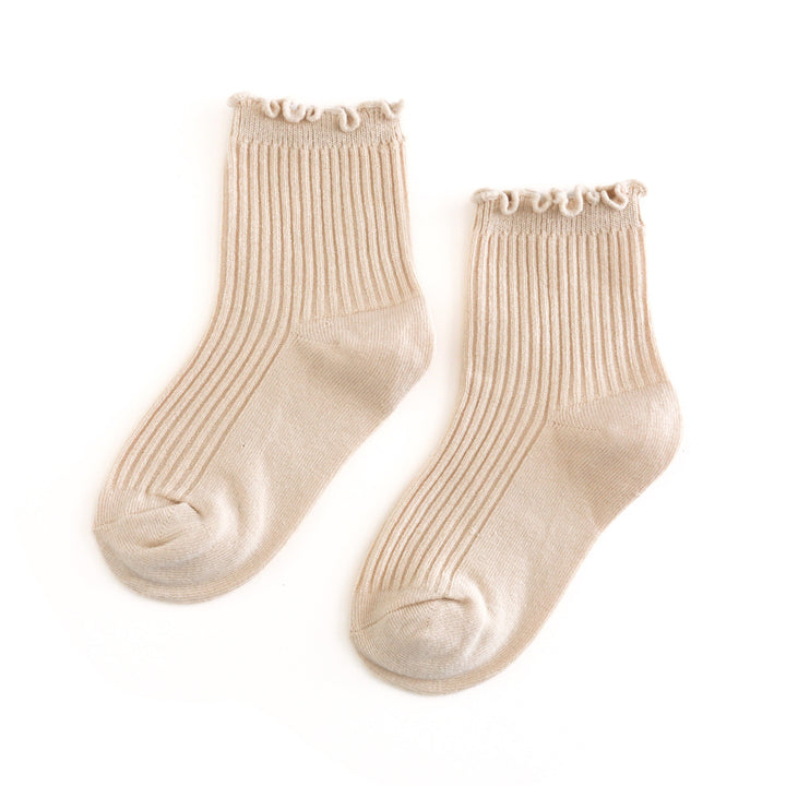 girls ribb knit midi length socks in cream with lettuce trim for fall