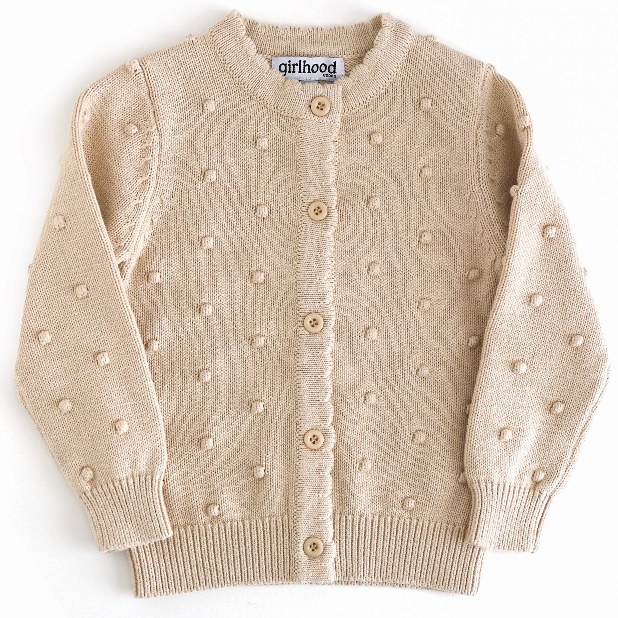 girls cotton knit cream cardigan with 3D raised bubble design, scalloped trim and buttons