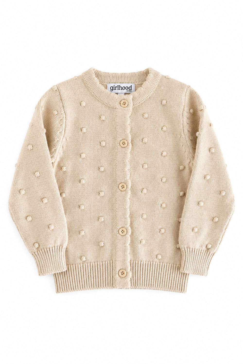 girls cotton knit cream cardigan with 3D raised bubble design, scalloped trim and buttons
