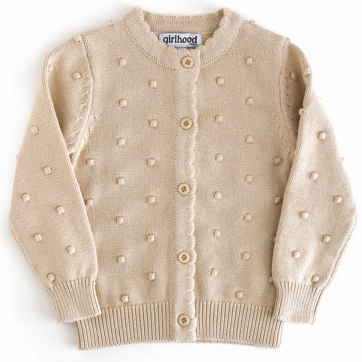 girls cotton knit cream cardigan with 3D raised bubble design, scalloped trim and buttons