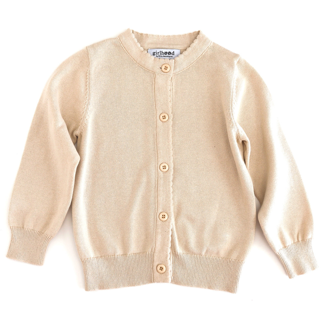 girls' cotton knit, button front cardigan in cream with scalloped trim