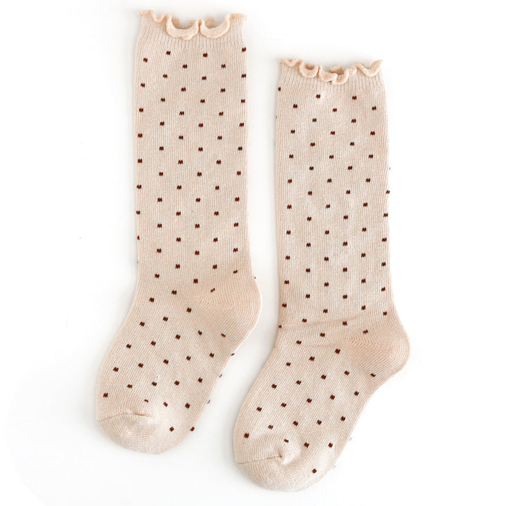 girls vanilla cream knee socks with brownie dots and lettuce trim for fall