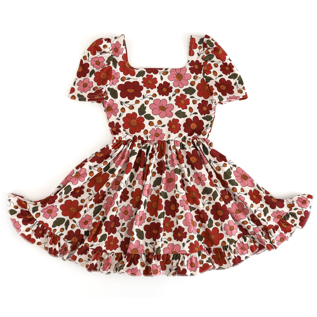 girls cream square neck twirl dress with rust and mauve flower print 