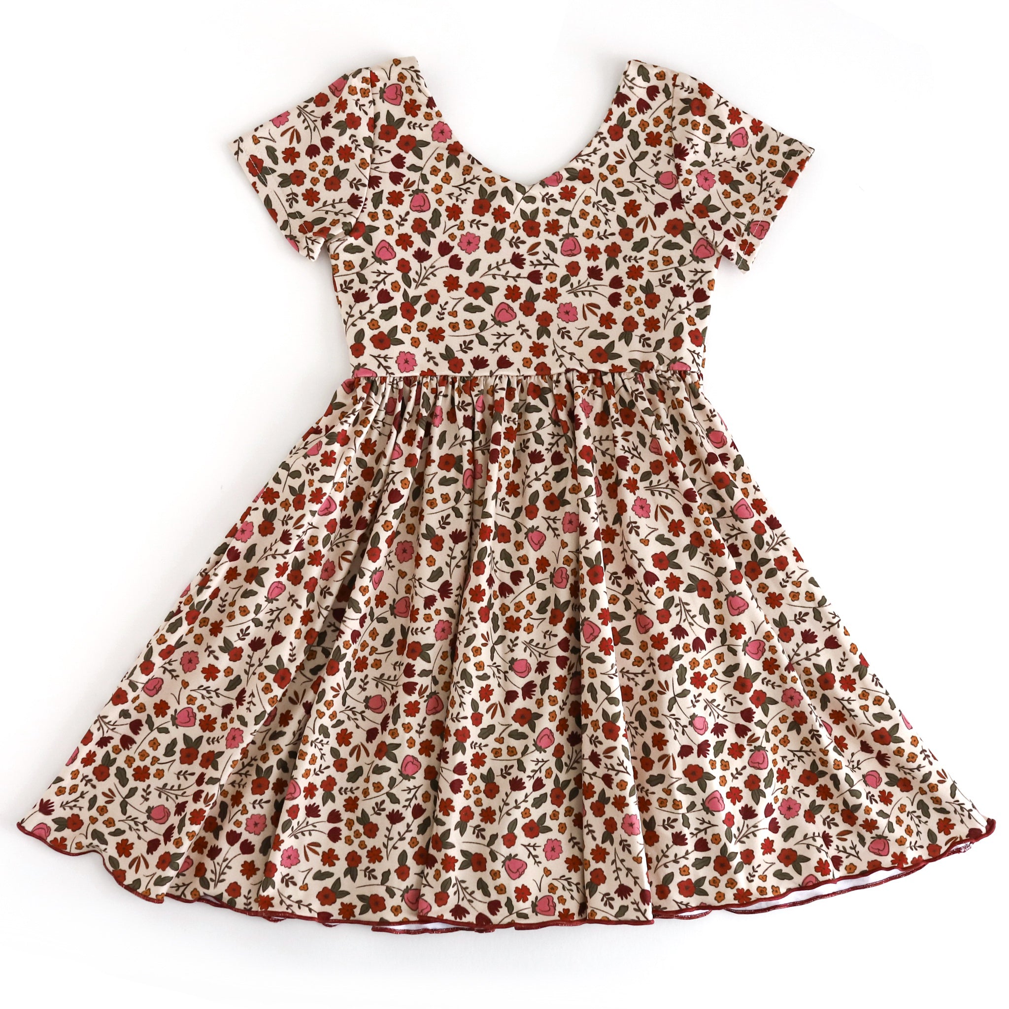 girls' cream, rust and rose fall floral v-neck twirl dress with short sleeves and lettuce trim hemline 