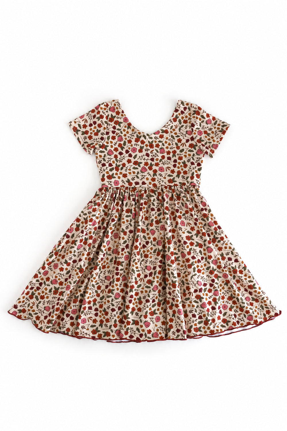 girls' cream, rust and rose fall floral v-neck twirl dress with short sleeves and lettuce trim hemline 