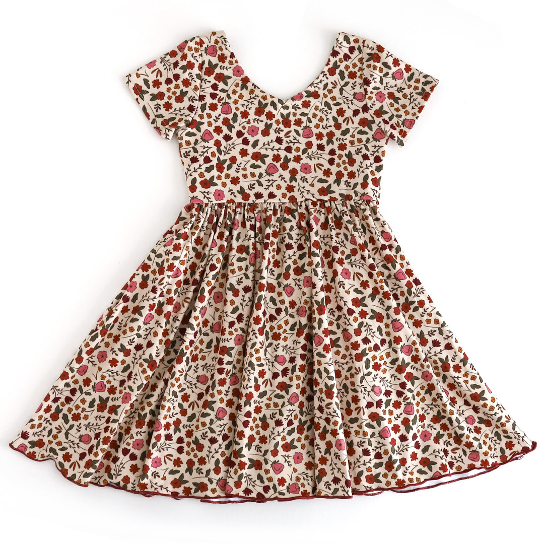 girls' cream, rust and rose fall floral v-neck twirl dress with short sleeves and lettuce trim hemline 