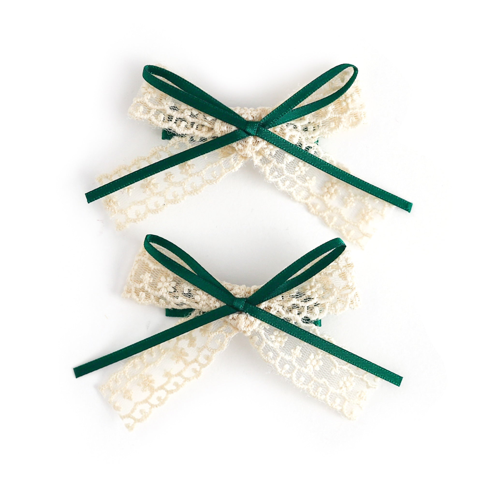 girls' Christmas cream lace pigtail bows on clips with forest green ribbon detail