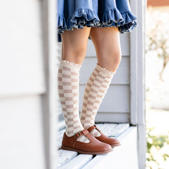 neutral cream checker knee high socks with lace trim for girls