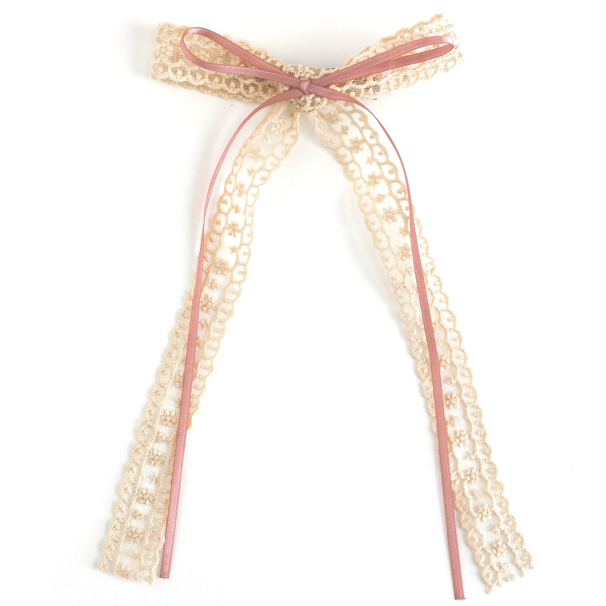 girls' long tail cream lace and pink ribbon double bow on alligator clip