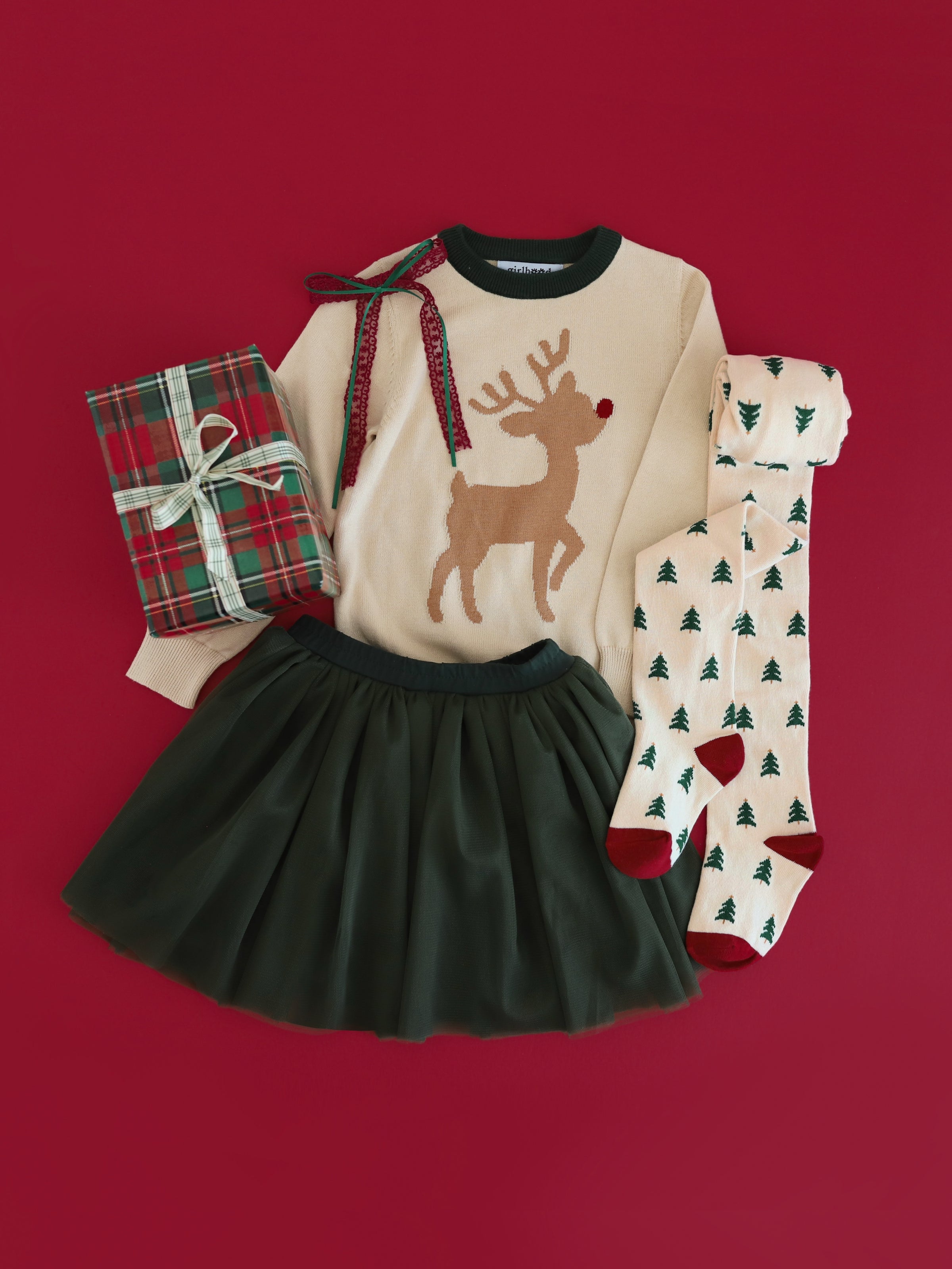 girls' Christmas reindeer outfit with cream reindeer sweater, forest green tutu skirt, Christmas tree tights and  matching lace bow
