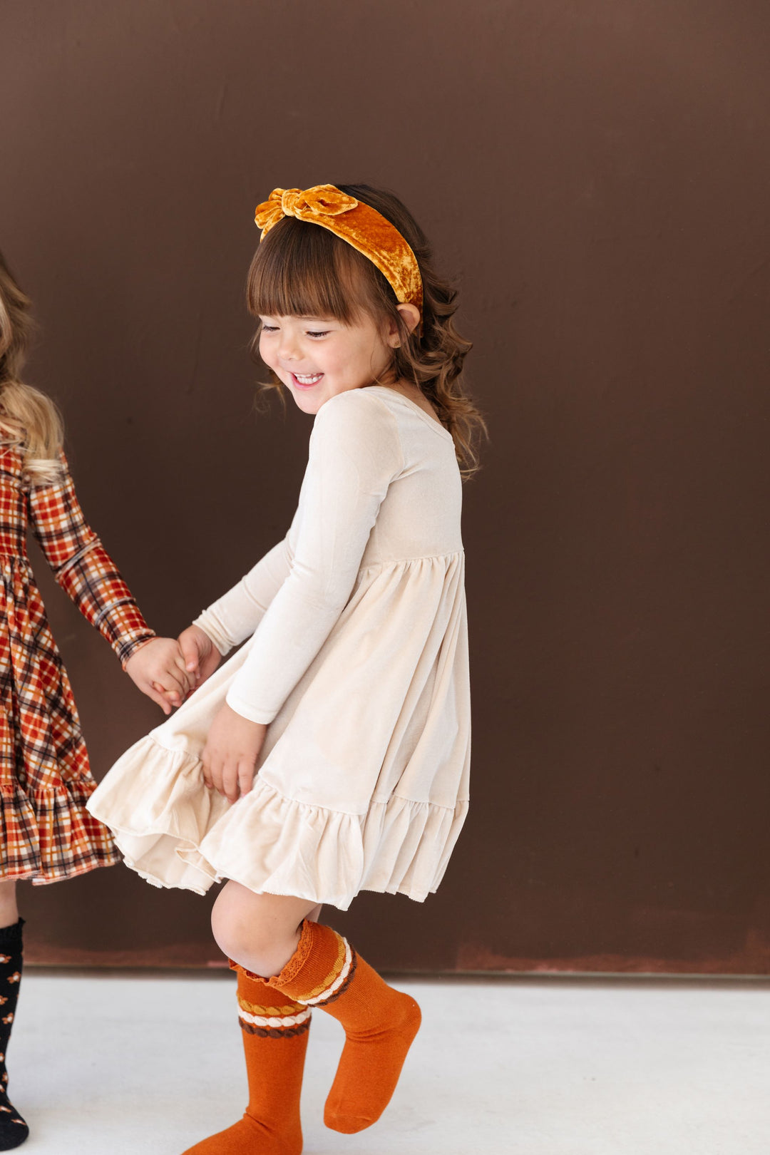 little girls long sleeve cream velvet charm dress with fall knee highs and mustard yellow velvet headband