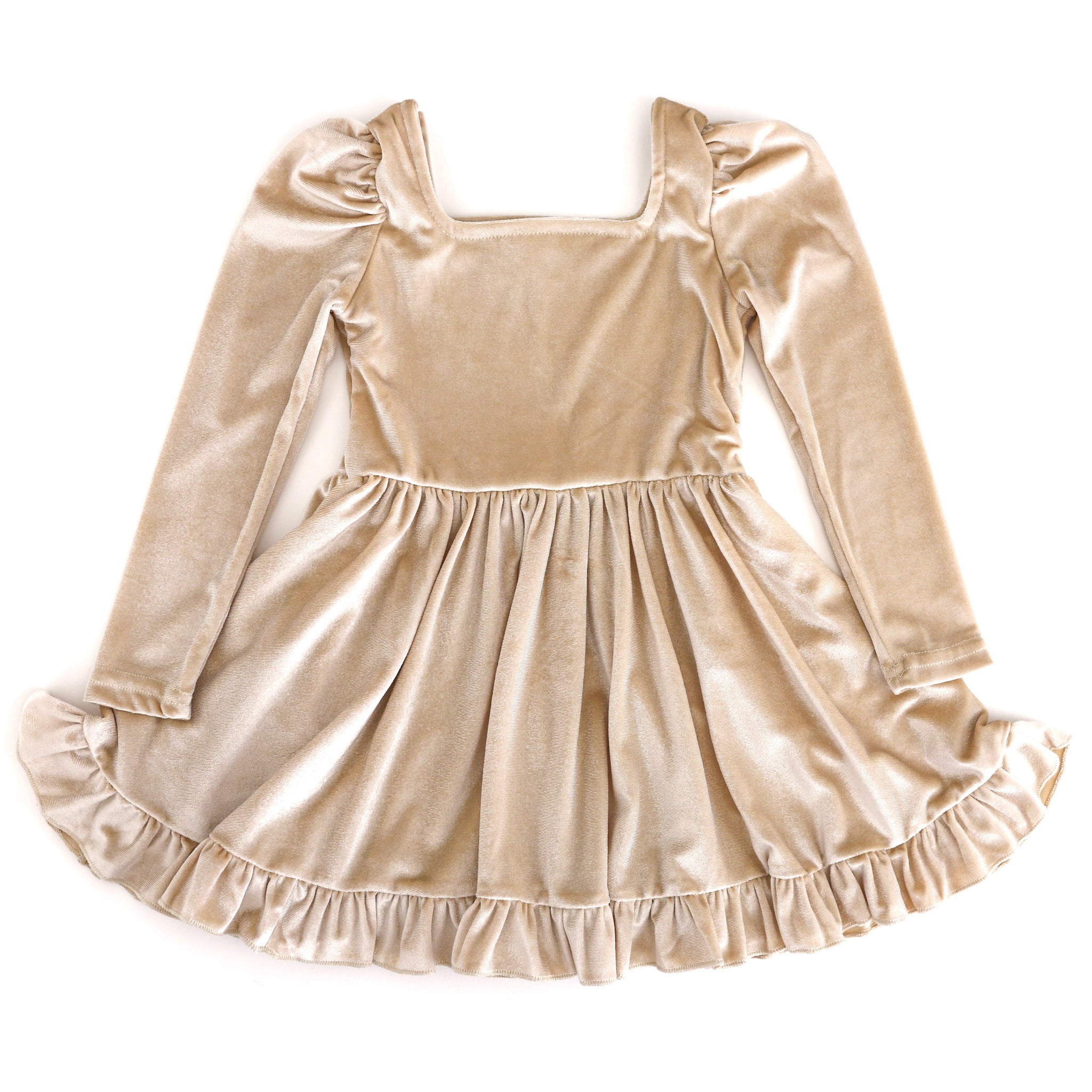 girls cream velvet twirl dress with long puffed sleeves for winter