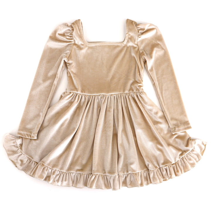 girls cream velvet twirl dress with long puffed sleeves for winter