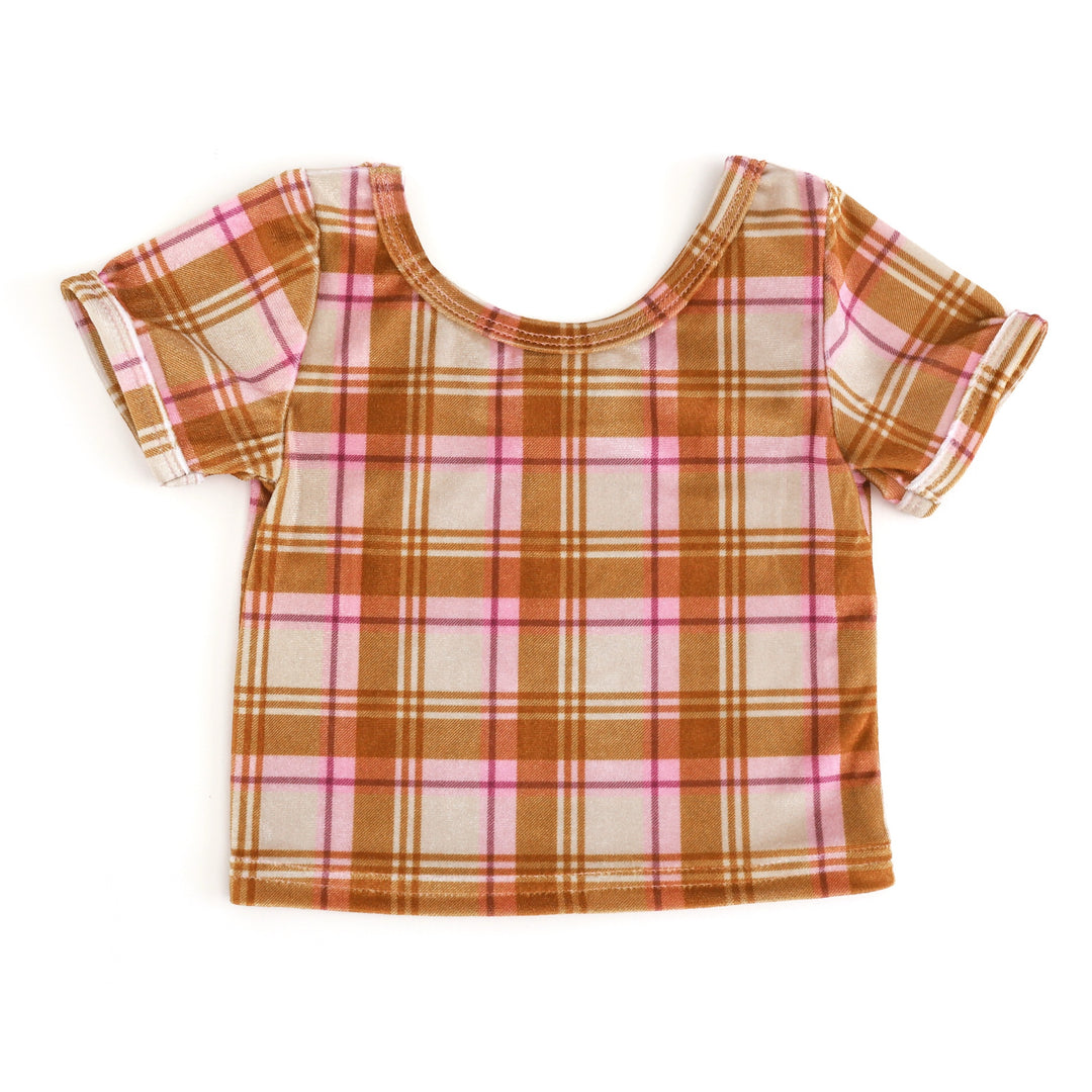 girls' velvet plaid fitted top in cream, mustard and pink shades for fall
