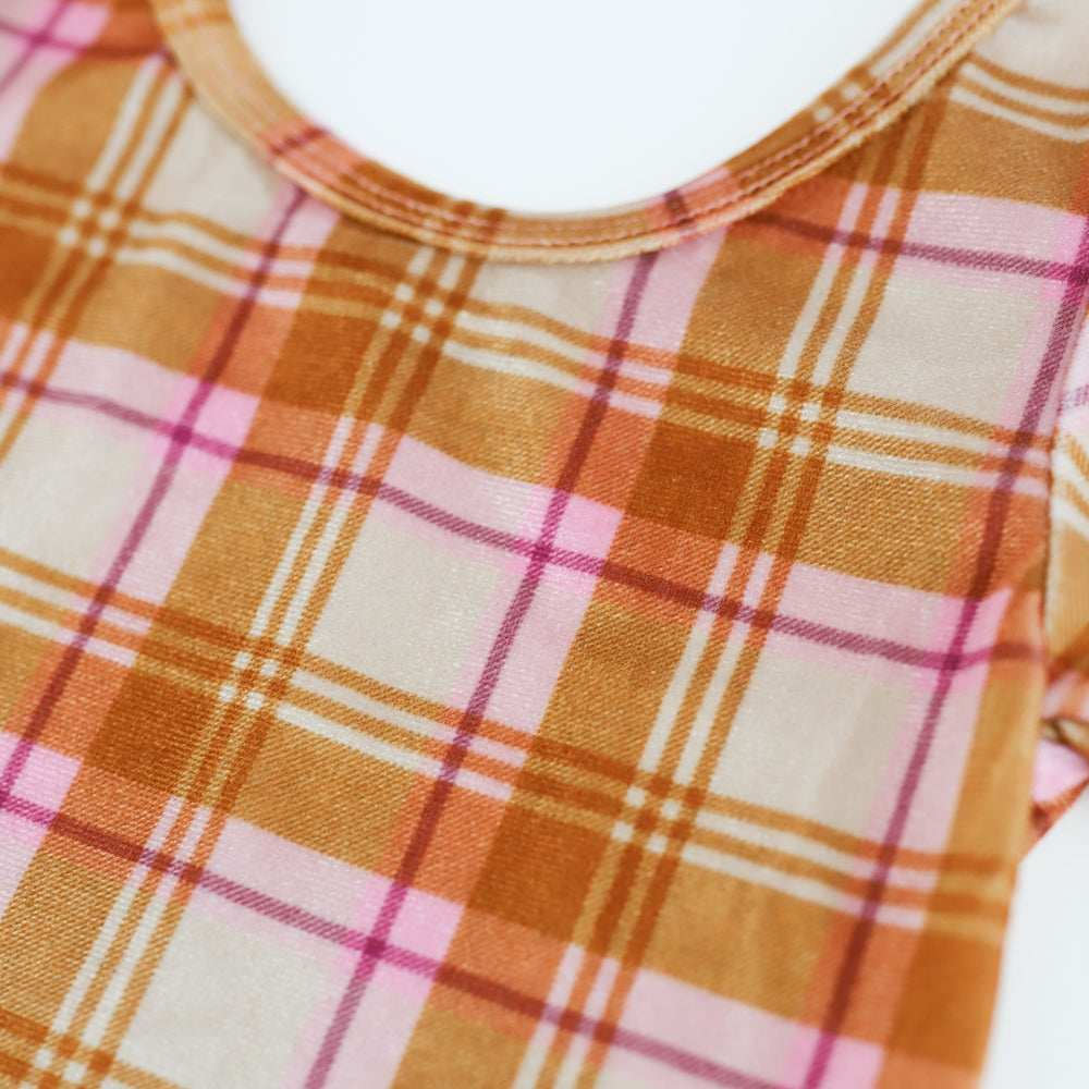 girls' velvet fall plaid top print closeup in mustard, cream and pink 