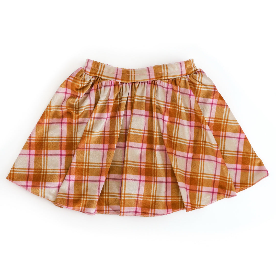 girls' velvet plaid skort in shades of cream, mustard and pink for fall