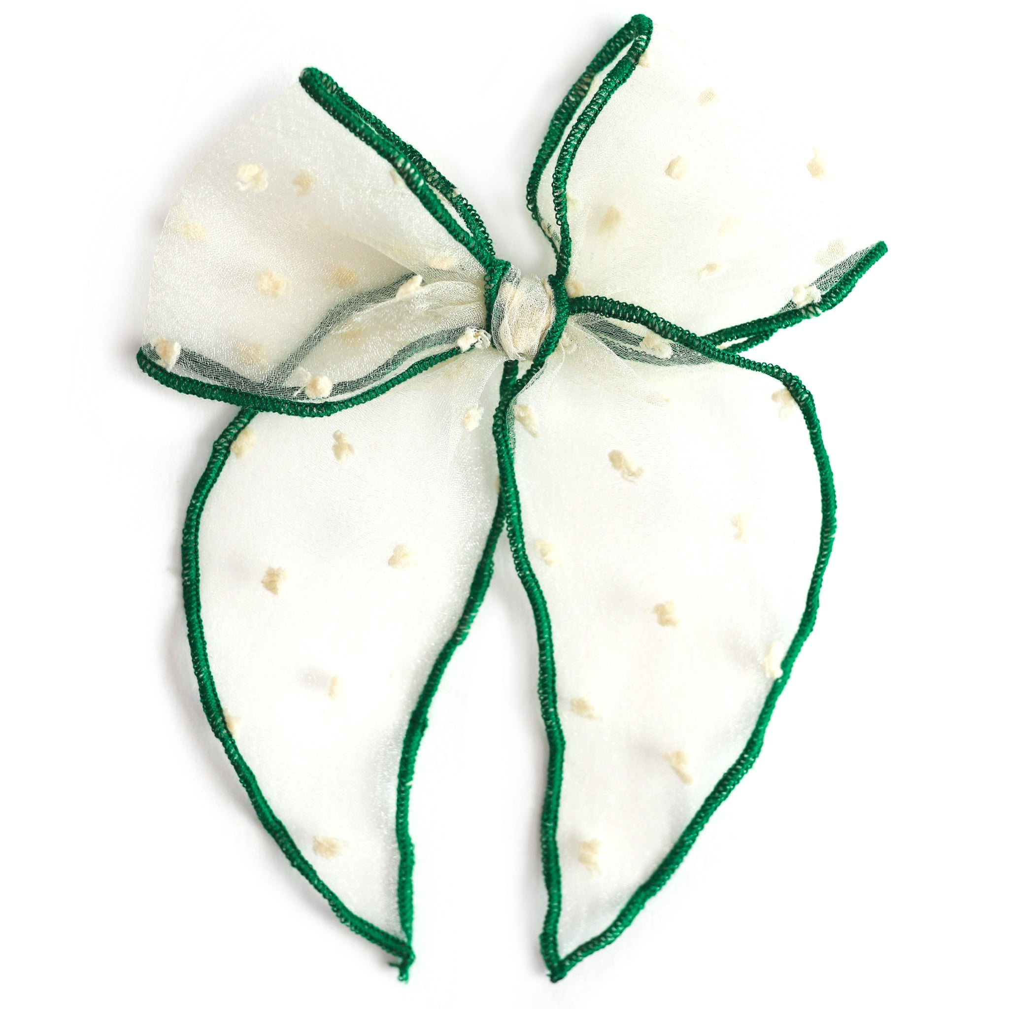 girls sheer cream bow with embroidered dots and green trim