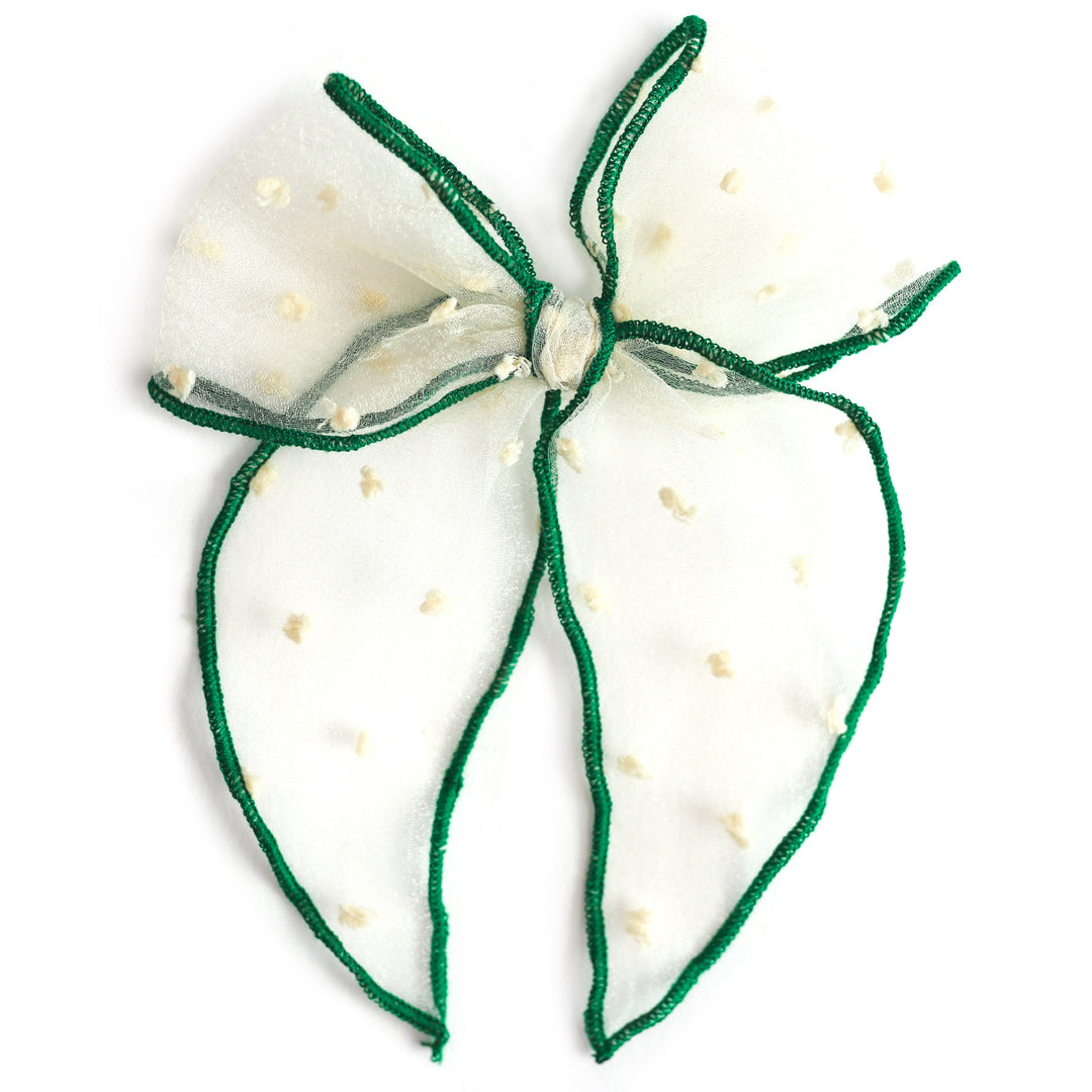 girls sheer cream bow with embroidered dots and green trim