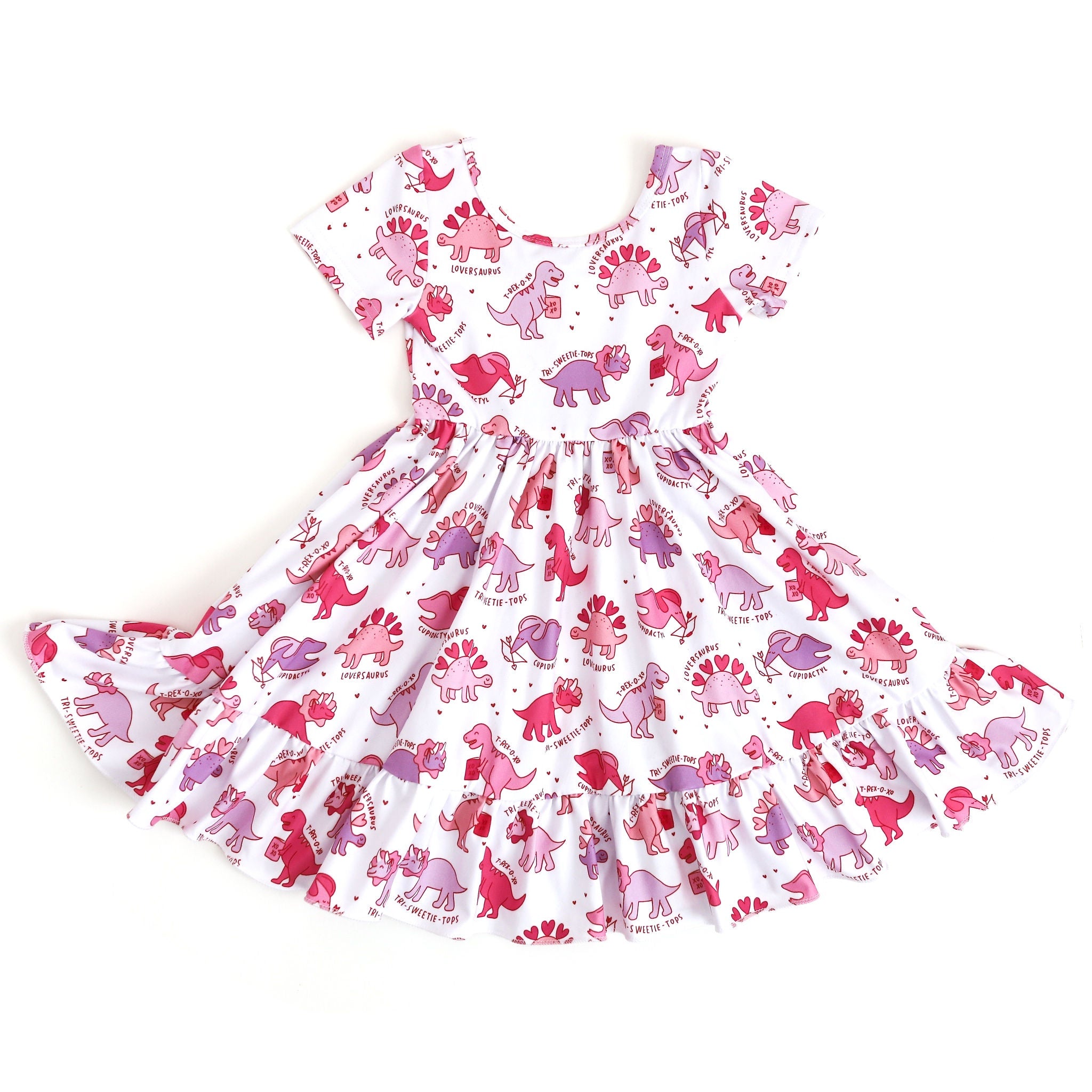 girls white charm dress with pink and purple Valentine's day themed dino print