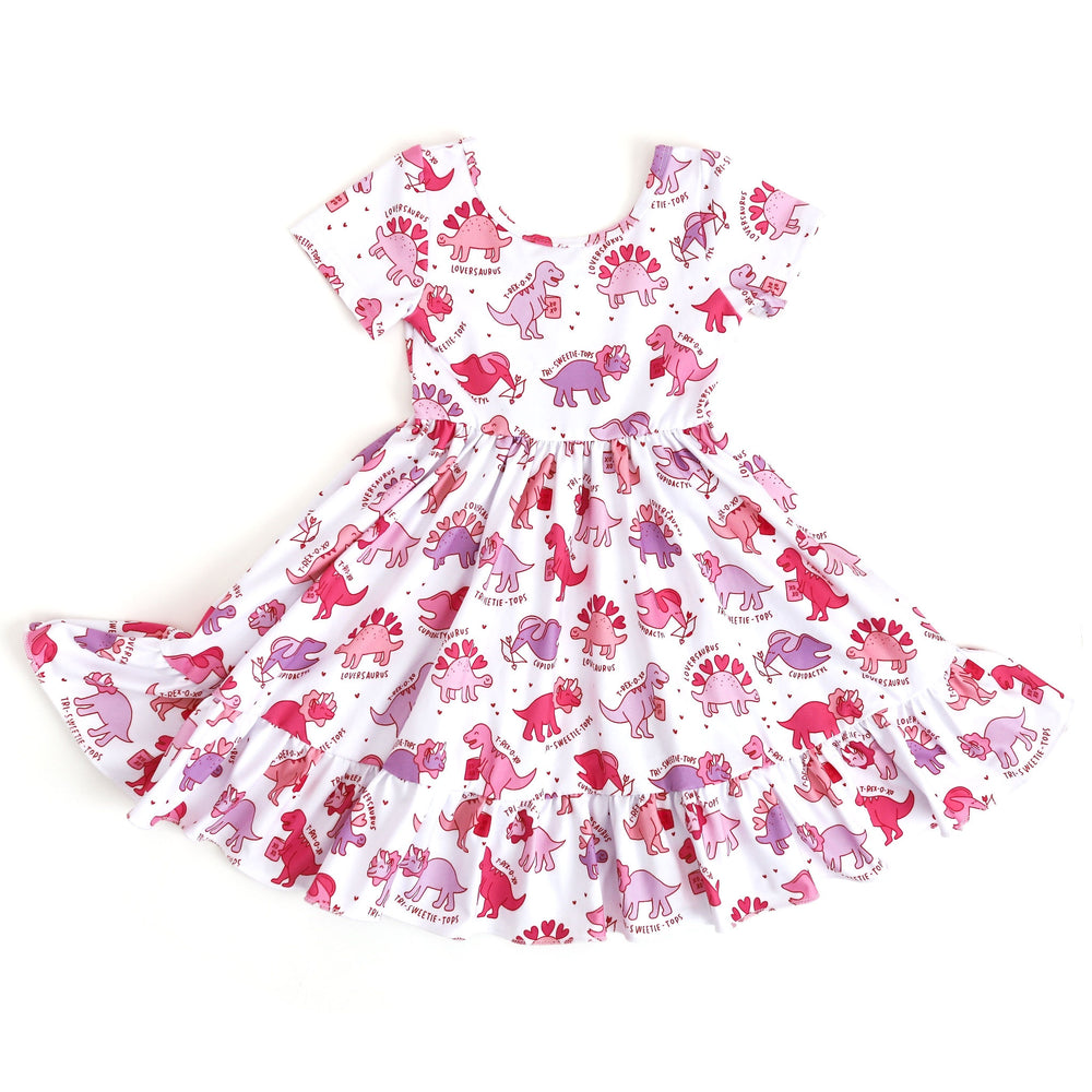 girls white charm dress with pink and purple Valentine's day themed dino print