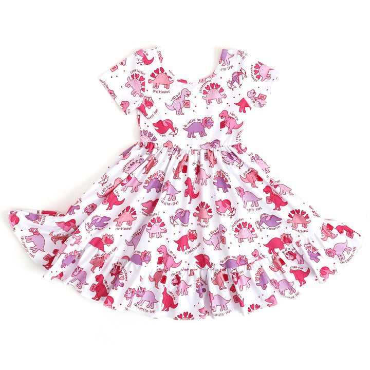 girls white charm dress with pink and purple Valentine's day themed dino print