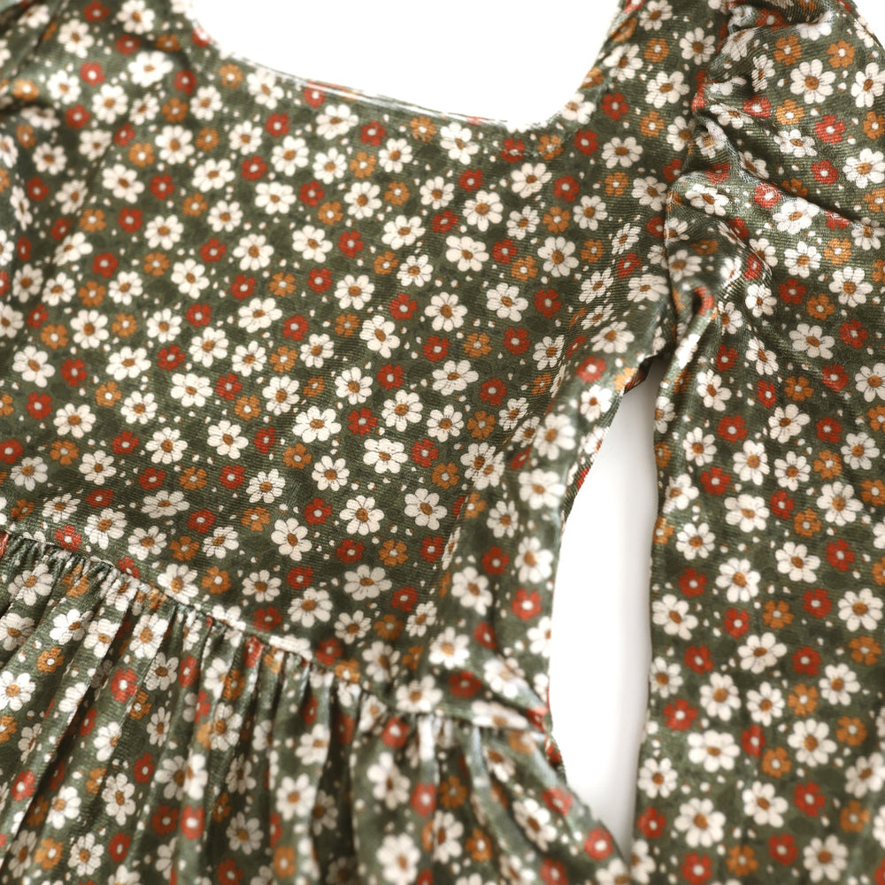 detail of olive green base fall floral velvet twirl dress for girls