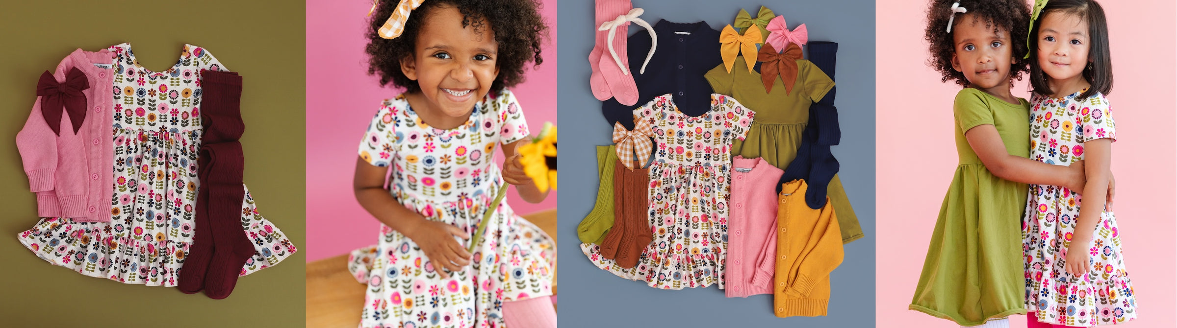 collage of little girls outfits with multicolored vintage floral dress