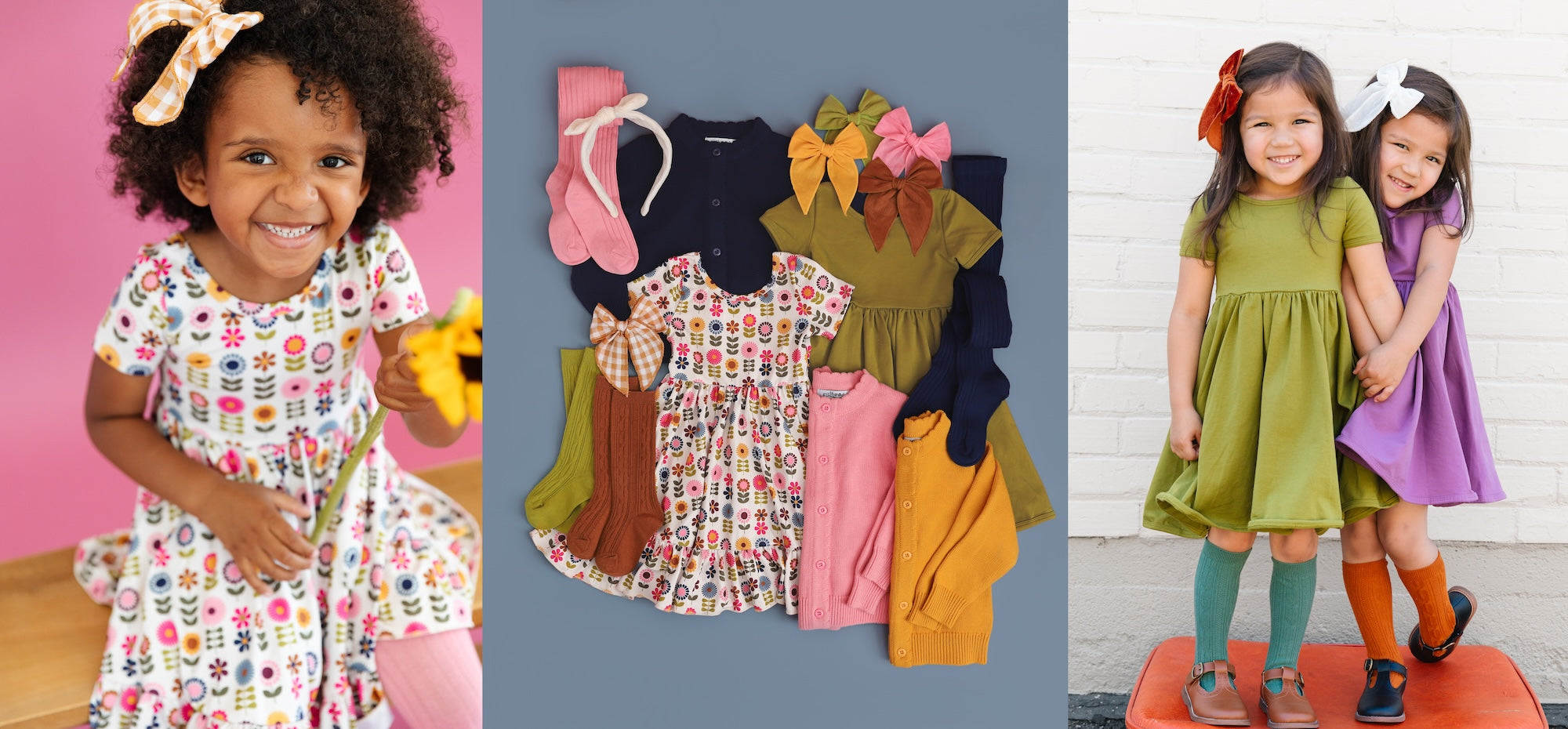 collage of little girls outfits with multicolored vintage floral dress